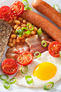 面包宣传单英文英文早餐和煎鸡蛋香肠培根西红柿豆背景