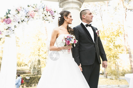 幸福新婚夫妇的肖像站在花岗拱门下图片
