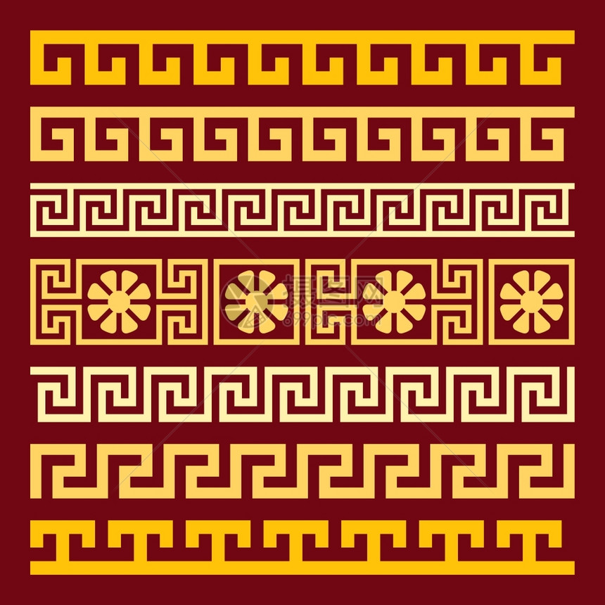 传统的古金方形希腊装饰Meander在红色的背地上图片