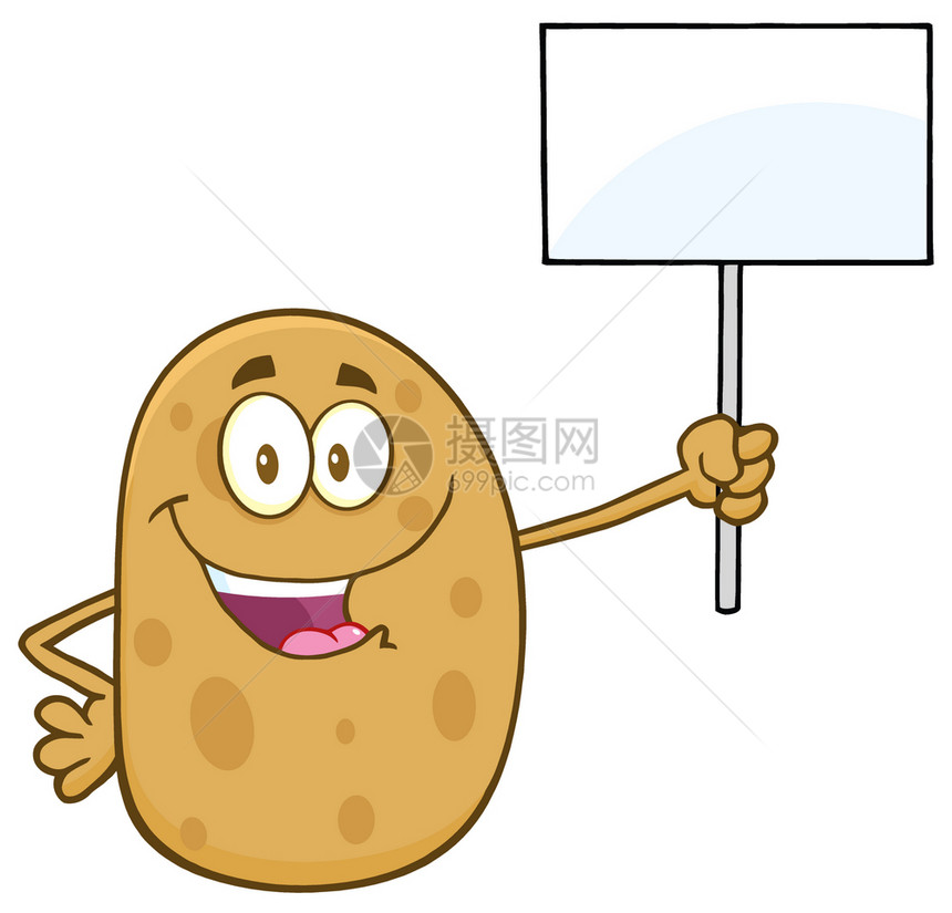 快乐的土豆举起一个空标牌图片