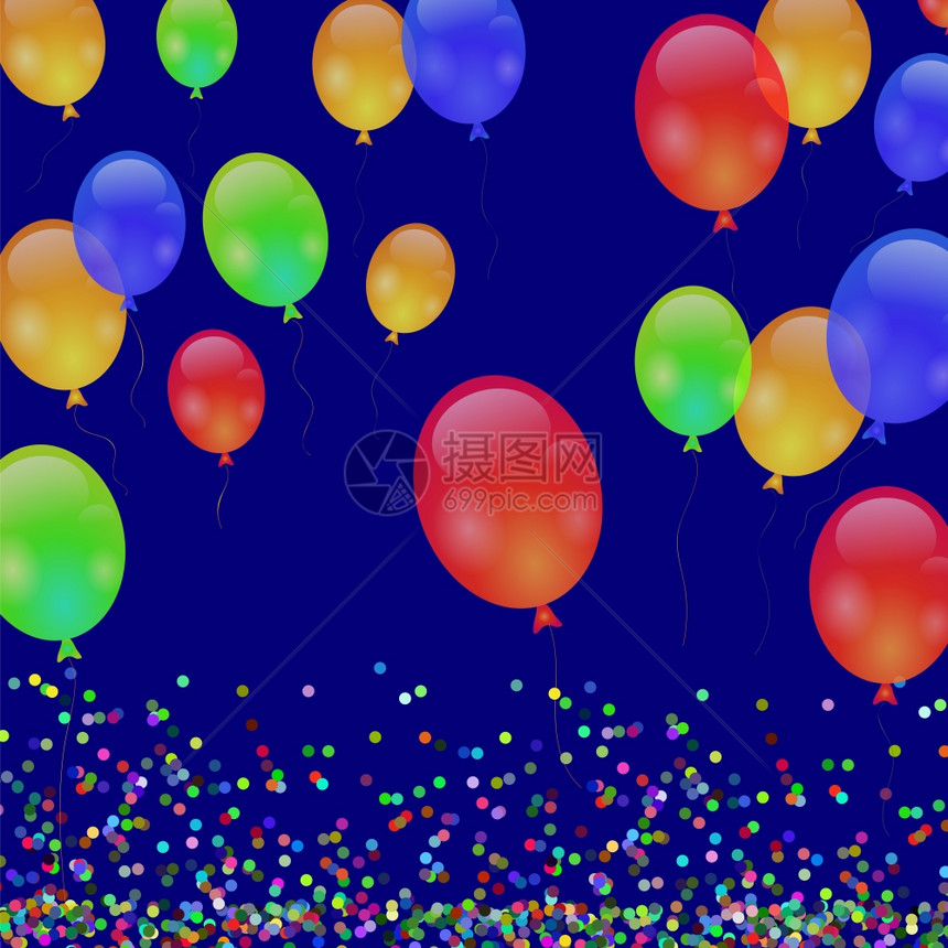 色彩多的飞行气球和坠落的蓝色背景面团图片