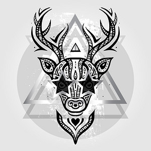 鹿头矢量鹿头部落模式鹿头波利尼西亚纹身风格矢量插图插画