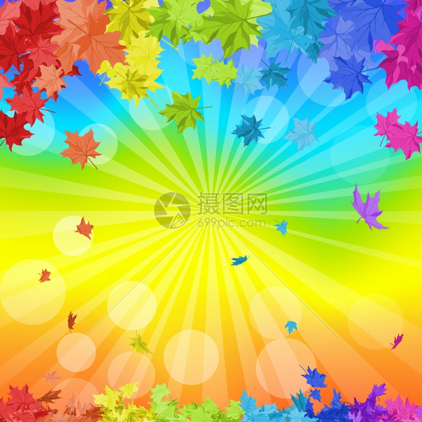 以彩虹颜色和太阳束覆盖彩虹背景的落叶秋光框优美的设计具有理想平衡的颜色矢量插图图片