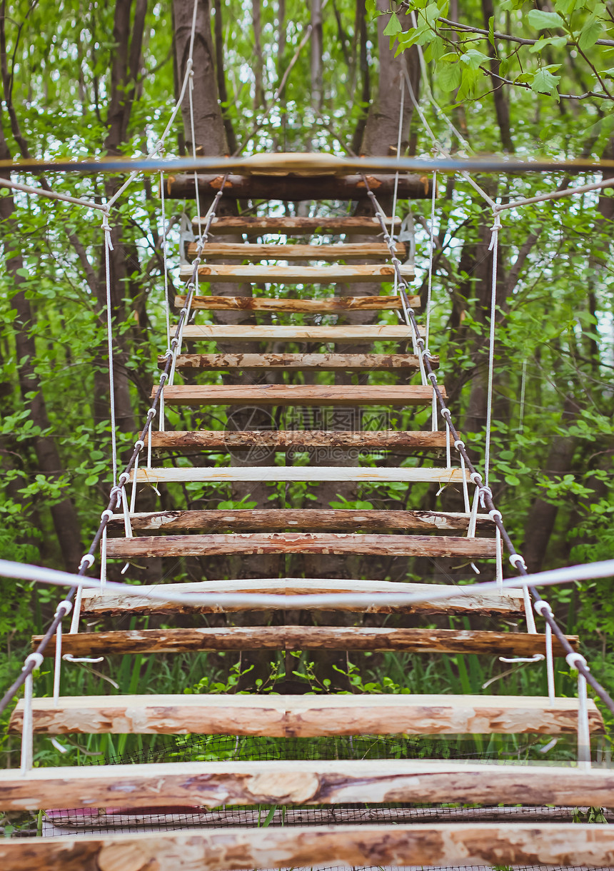 绿林公园的木楼梯带绳子的木林楼梯图片