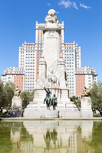 西班牙马德里广场CervantesDonQuixhote和SanchoPanza纪念碑背景图片