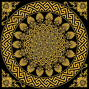 金色黑底素材传统古金希腊装饰Meander设置传统古金圆希腊装饰Meander和黑底植物模式插画