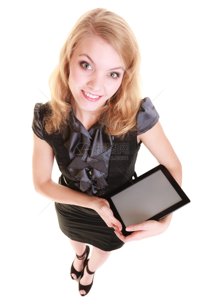 高雅的女商人金发孩年轻在白色隔离的屏幕平板电脑触摸上显示空白的复制间图片