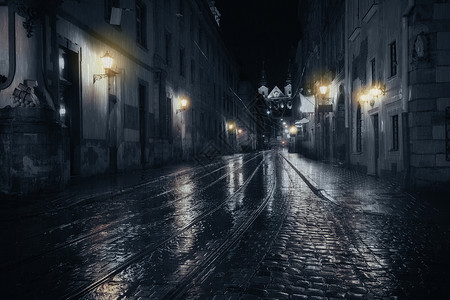 旧欧洲城市的雨夜背景图片
