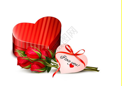 红玫瑰和心形礼物盒图片