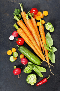 深绿色背景的新鲜有机蔬菜健康食品蔬菜用花园的新鲜收获图片