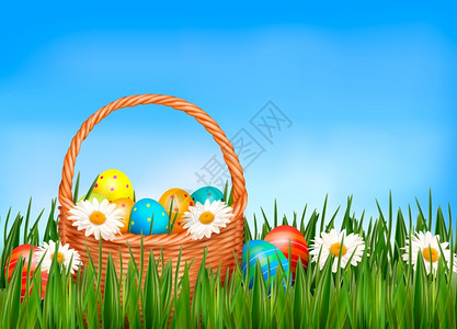 篮子矢量复活节背景鸡蛋和鲜花草地里有篮子向量背景