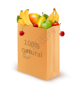 百分之的天然装满新鲜水果的纸袋饮食概念矢量图片