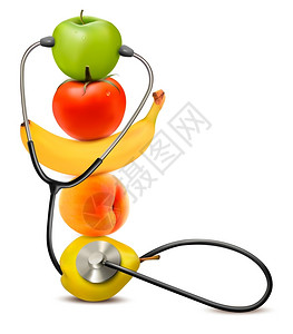 带听诊器的水果健康饮食概念矢量图片