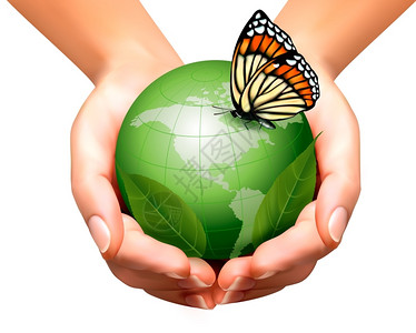 绿色世界和蝴蝶在女手中矢量说明图片