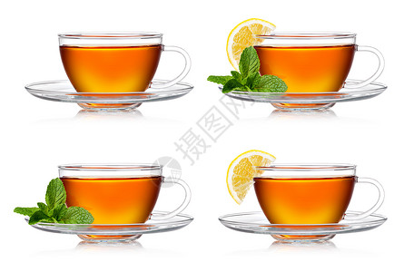 一杯茶白底带薄荷和柠檬的茶图片