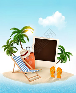 棕榈树照片和沙滩椅的海滩暑假概念矢量背景图片