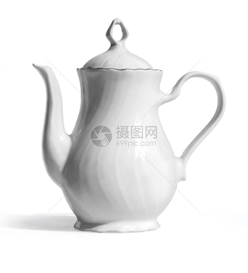 白色茶壶在背景与剪路径隔绝的白色茶壶图片