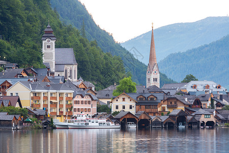 奥地利HallstattHallstat村的经典景象黎明高清图片素材