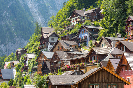 奥地利HallstattHallstat村的经典景象世界高清图片素材