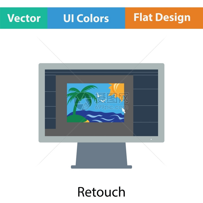 监视屏幕上的照片编辑器图标平面彩色设计矢量插图图片