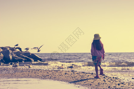 小女孩和鸟小女孩在海边玩得开心小孩走路暑假放松内存过滤器背景