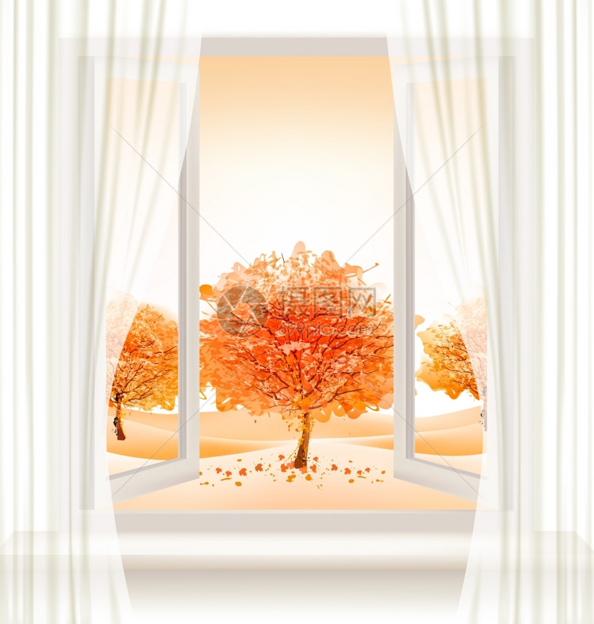 秋天背景开着窗子和多彩的树木矢量图片