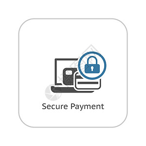 锁标志安全支付图标平面设计图标孤立说明应用符号或UI元素带银行卡和帕洛克的笔记本电脑背景