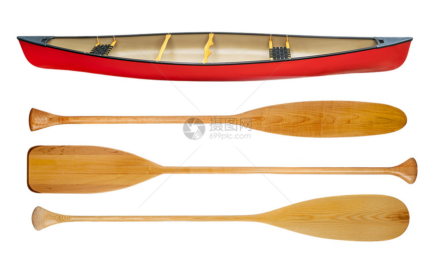 红色连独木舟用制桨隔离在白色上一套图片