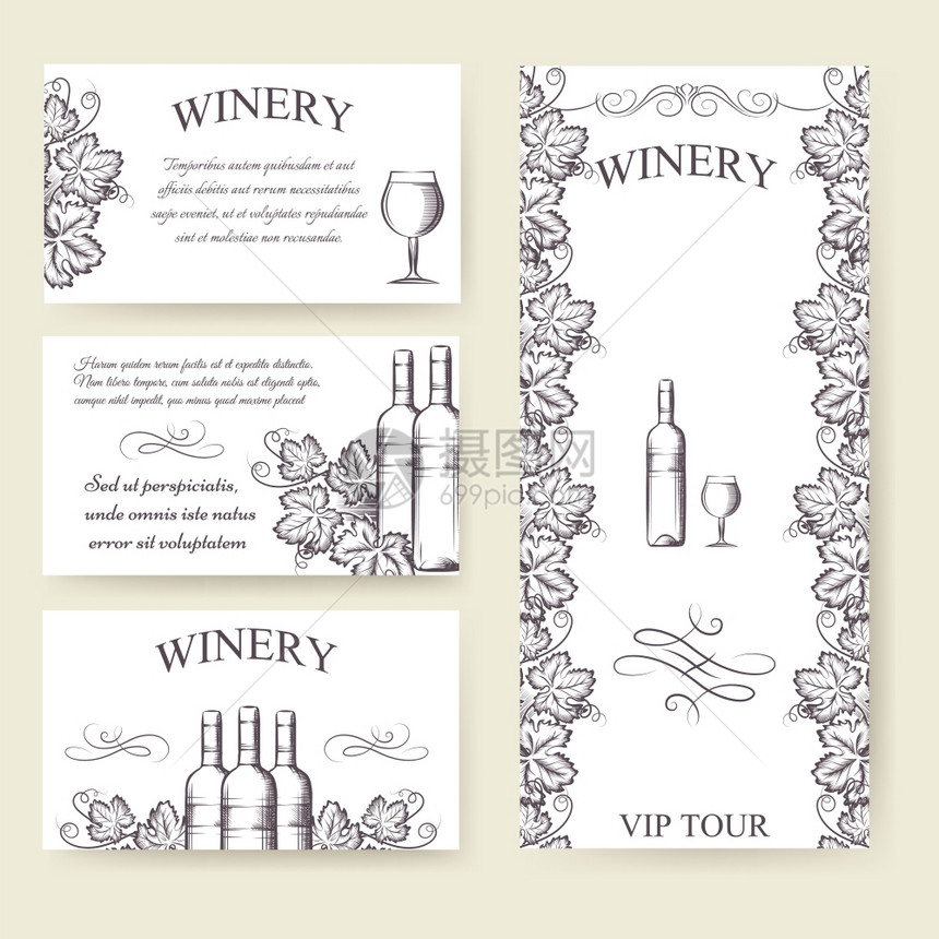 Winerybouqlet和卡片模板集矢量插图图片