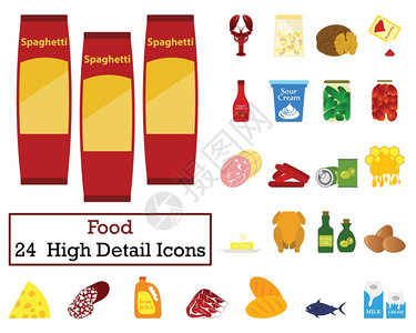 龙虾伊面一套24个食品图标平面彩色设计矢量插图插画