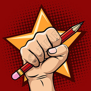 一支红色铅笔手握铅笔旧式学校风格的铅笔病媒革命宣传或言论自由概念插画