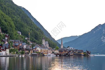 奥地利HallstattHallstat村的经典景象阿尔卑斯山高清图片素材