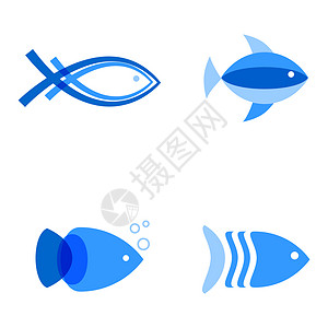 蓝色鱼的矢量说明为海产食品餐馆洋公司或鱼店设置的简易徽标背景图片
