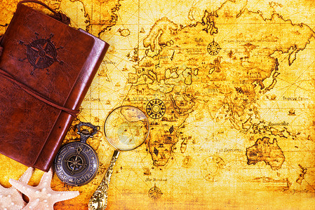 上的旅行背景旧笔记本卢布和指南针背景图片