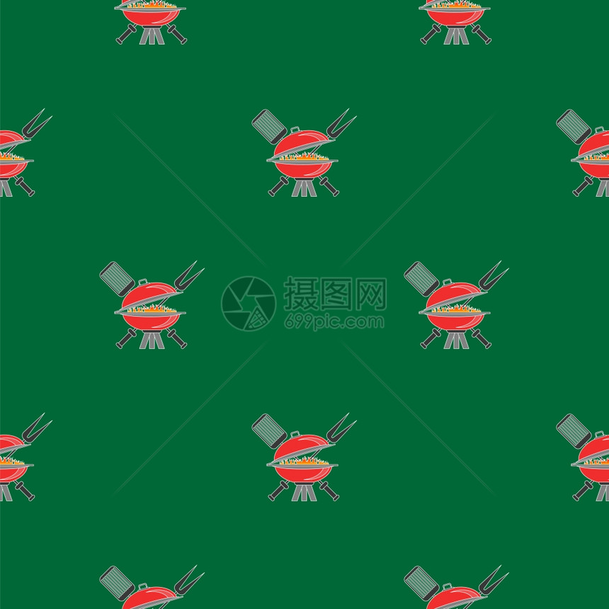 绿色上的无缝图标夏季Grill背景Barbeque图标无缝模式图片