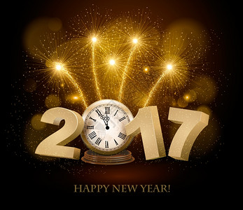金色闪耀烟花新年快乐的背景是2017年时钟和烟花矢量背景