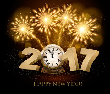金色闪耀烟花新年快乐背景2017年时钟和烟花矢量背景