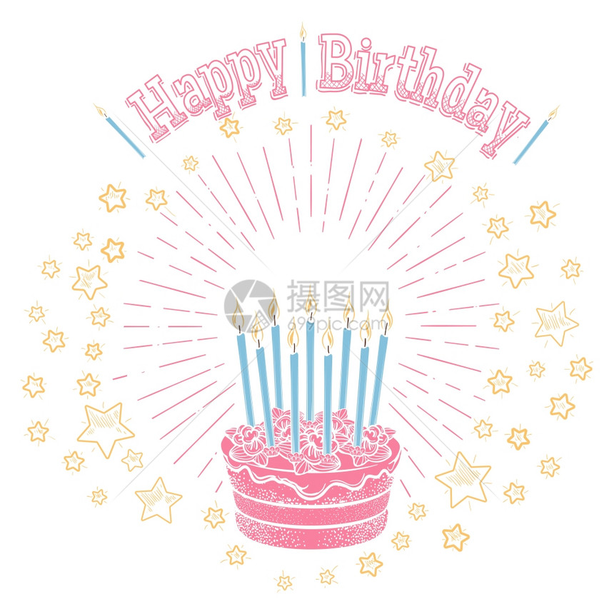 带有蜡烛和星的生日蛋糕手画生日蛋糕蜡烛星和问候信白纸上孤立矢量插图图片