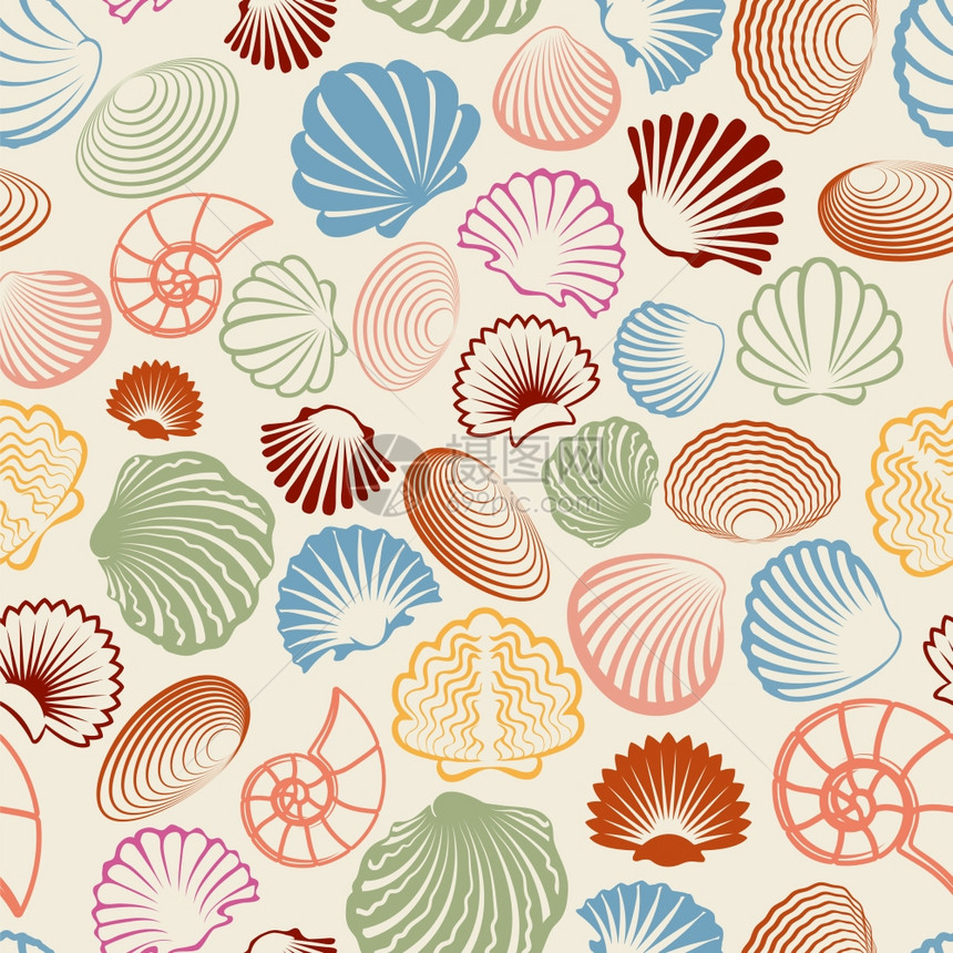 彩色海贝壳无缝模式海与彩色海贝壳无缝模式矢量图示图片