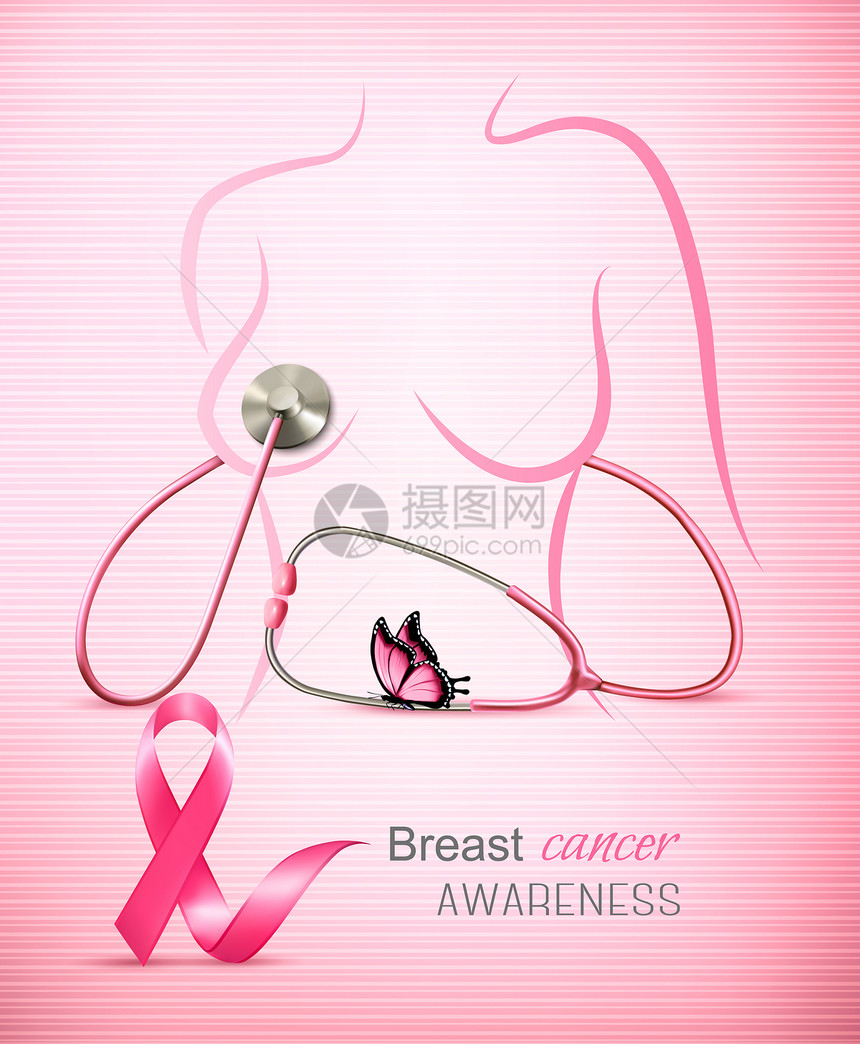 乳癌认识背景有听诊器和女身体轮廓图片