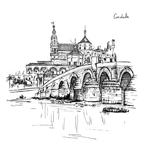 画桥梅兹基塔大清真寺科尔多瓦大教堂和西班牙安达卢亚科尔多瓦Guadalquivir河的罗马桥背景