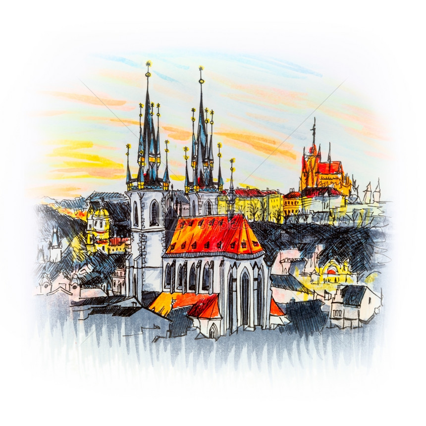 在捷克布拉格日落时分Tyn旧城和布拉格堡前对圣母教堂的空中观察图片