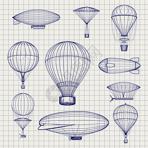热气球和飞艇草图手画空气热球和飞机在笔记本页上的飞艇黄舰草图背景图片