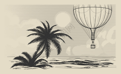 复古黑白热气球飞越海岸旅行矢量插画图片