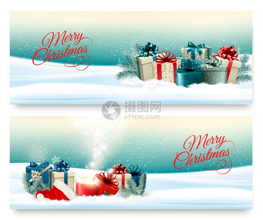 两条圣诞横幅上面有礼物和魔盒矢量图片