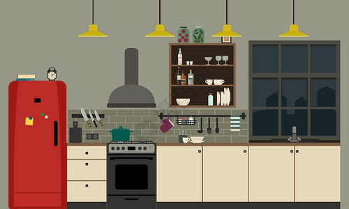 现代风格厨房厨房内有家具和设备厨房的矢量横幅是平式的插画