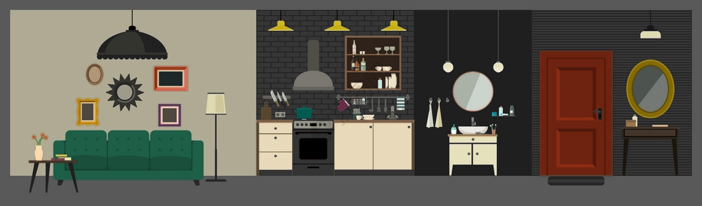 现代风格厨房室内有家具的公寓室内有通风口大厅浴室厨房和客厅插画