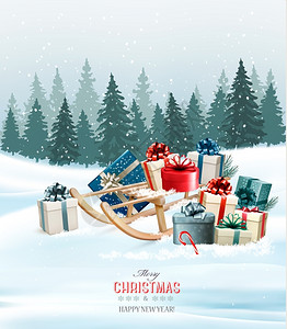 圣诞节贺卡带彩色礼品盒和回旋雪橇矢量背景图片