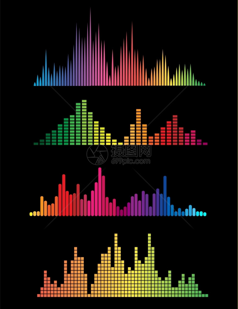 彩色音乐数字声波彩色音乐数字声波在黑色背景中分离矢量插图图片