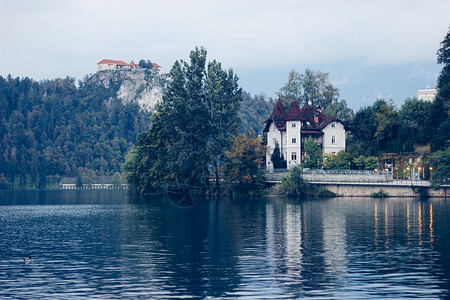 斯洛文尼亚布莱德湖美丽的秋季风景蓝色高清图片素材